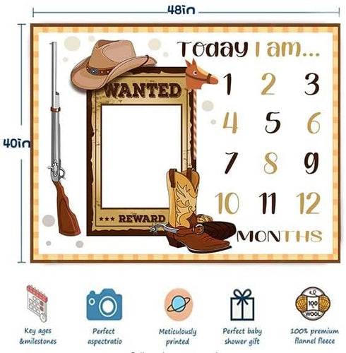 Cowboy Milestone Blanket Cowboy Life Hat Boots Hunting Gun and Wanted Rewards Baby Blanket for Theme Photography Props Newborn Gifts 48x40in...